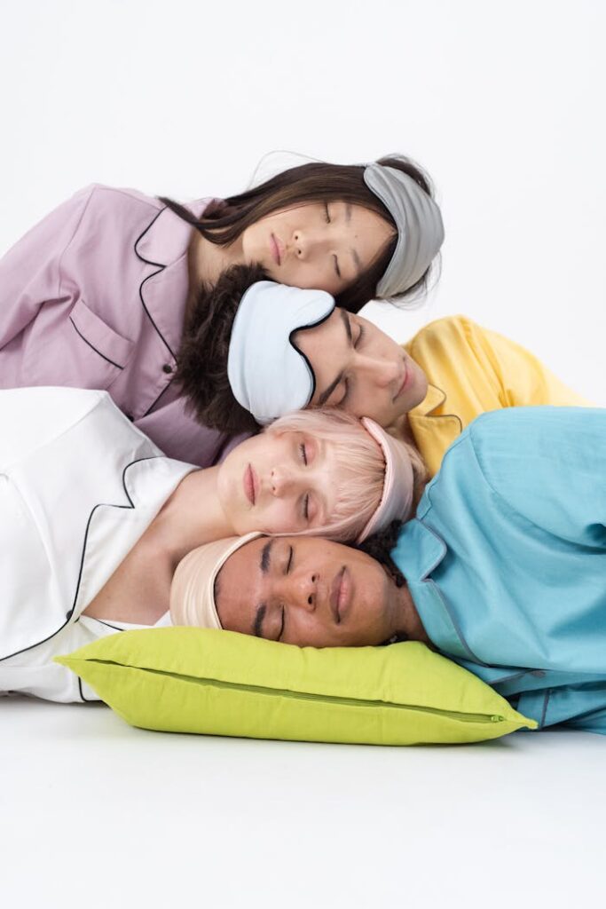 A diverse group of young adults sleeping with sleep masks, symbolizing peaceful rest and harmony.